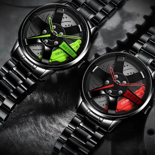 Wheel Watch Rotation Wheel Sports Car Rim Luxury Men's Watch Spinning Alloy Wheel Watch for Boys Men Creative Fashion Men Stainless Steel & Leather Straps Watch