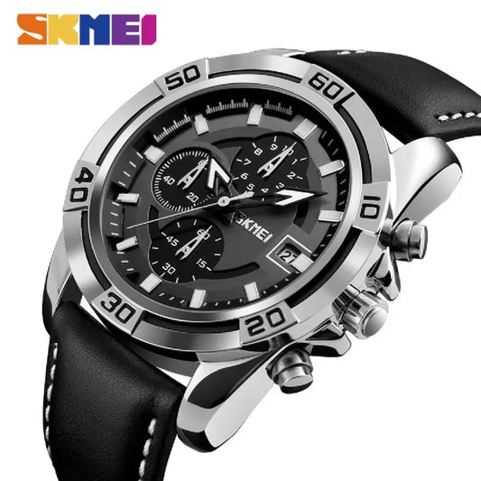 SKMEI Fashion Sports Quartz Clock Soft Real Leather Chronograph Waterproof Watch For Men 9156(Free velvet bag)